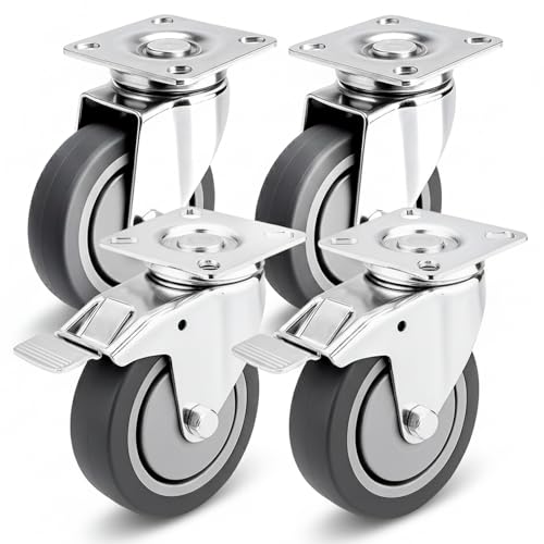 PRIOstahl Transportrollen mit Bremse - 100mm Rollen für Möbel 4 Rollen Set - bis zu 320Kg Spurlos abrollend - Möbelrollen Lenkrollen Gummi f Palettenmöbel Transportroller o. Transportboxen Rollbrett