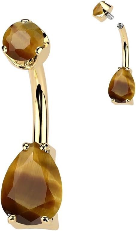 Pierced Owl 14GA ASTM F-136 Implant Grade Titanium Internally Threaded Teardrop Shaped Natural Stone Belly Button Ring