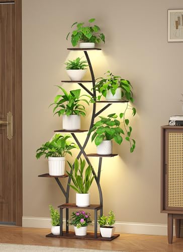 Image of Plant Stand Indoor with Grow Lights 65 inch Tall Plant Shelf Corner Lighted Plant Stands for Indoor Growing Multiple Metal 8 Tiered Large S-Shape Display Shelves Plant Rack for Home Decor Patio Balcony