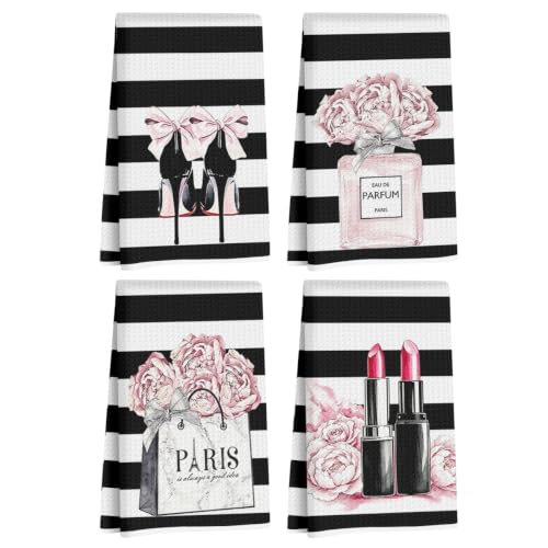 Image of 4 Pcs Black White Fashion Hand Towels, Perfume Bow Reusable Dish Towels | Fashion Gifts for Women Mom Girls Friend, Waffle Weave Microfiber Towels for Bathroom Home Decor 24x14 Inch