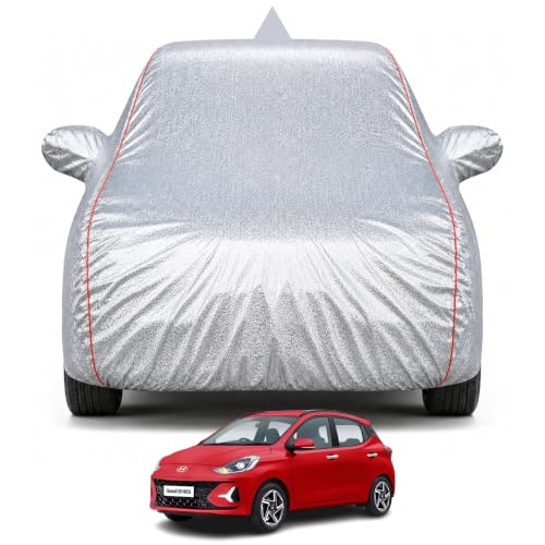 Image of Premium Car Cover for Hyundai's Grand i10 Nios Model | Waterproof, UV & Dust Protection | Mirror & Antenna Pocket | Triple Stitched, Soft Inner Lining, Belt & Buckle (Metalic Silver)