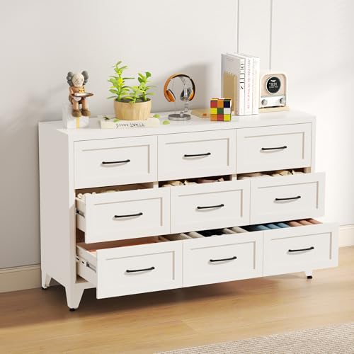 Image of Dresser for Bedroom, Chest of Drawers, 9 Drawers Metal Dresser with Anti-Tipping Device, White Closet Dresser for Living Room, Entryway, Hallway