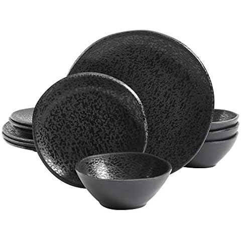Gibson Home Yoko Round Melamine Dinnerware Set, Service for Four (12pcs), Matte Black Cover