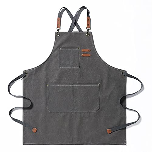 Tablier Soudeur en Cuir Tablier De Magasin De Travail De Travail en Denim avec Poches, Tablier De La Boutique De Coiffure Chef avec Bracelet en Croix Arrière (Color : Gray-2, Size : 29.1x26.7inch)