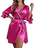 Ekouaer Women's Satin Robe Valentines Lingerie for Women Kimono Bathrobe 3/4 Sleeve Ruffle Belted Robes Bridesmaids