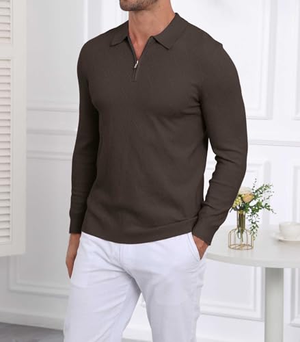 Lexiart Men's Knit Polo Long Sleeve Slim Fit Textured Collared Quarter Zip Sweater Casual Lightweight4