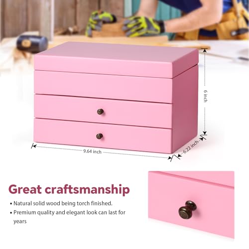 Meangood Jewelry Box Organizer for Women, 3 Layer Large Jewelry Storage Case, Rustic Wooden Jewelry Box with Mirror & Ring Tray for Necklace Earring Bracelets Rings, Vintage Style (Pink) — view 3