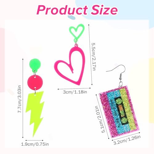 Matwsec 3 Paar 80er 90er Neon Ohrringe für Damen, Retro Acryl 80er 90er Jahre Accessoires Vintage Neon Schmuck für Mottoparty Kostüm Party Maskerade Frau Mädchen