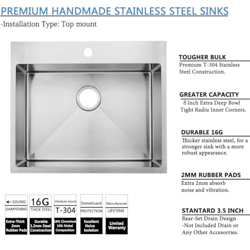 Image of 25x22 Inch Drop In Kitchen Sink, Top Mount 16 Gauge 304 Stainless Steel 8 Inch Deep Drop In RV Laundry Utility Sink, Brushed Nickel Single Bowl Sink Topmount Overmount Sinks with Drain