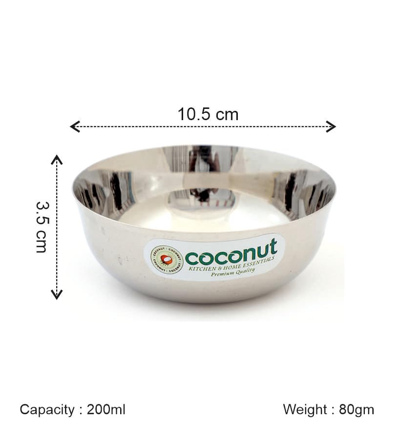 Image of coconut Stainless Steel Chaliya Bowl /Vati /Katori - Set of 6 - Diamater - 10 Cm -Capacity Each Bowl 200ML