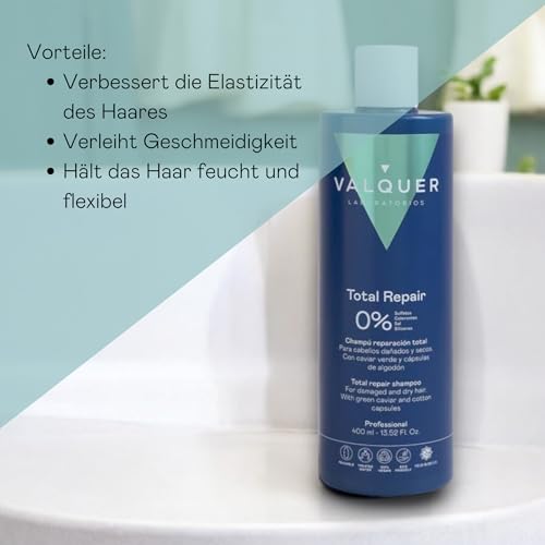 Foto von Valquer Total Repair Zero Shampoo. Repariert, Sacht Geschädigtes und trockenes Haar weich und spendet Feuchtigkeit. Intensive Ernährung mit grünem Kaviar und Baumwollkapseln. Vegan. 400 ml