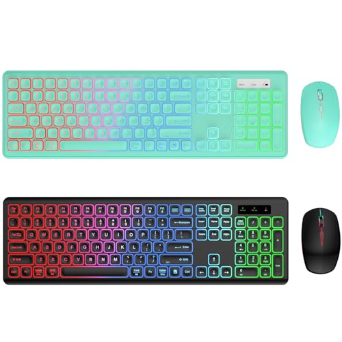 2 Pack Wireless Keyboard and Mouse Combo - RGB Backlit, Rechargeable & Light Up Letters, Ergonomic Tilt Angle, Full-Size, Sleep Mode, 2.4GHz Quiet Keyboard Mouse for Windows, Laptop, PC, Trueque