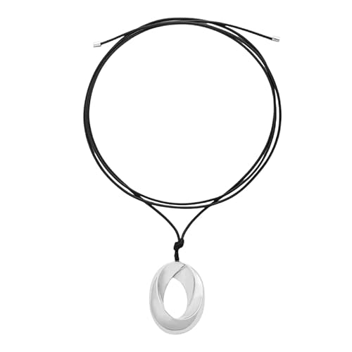 DIAMANTIO Minimalist Silver-Tone Oval Pendant Necklace – Adjustable Black Cord