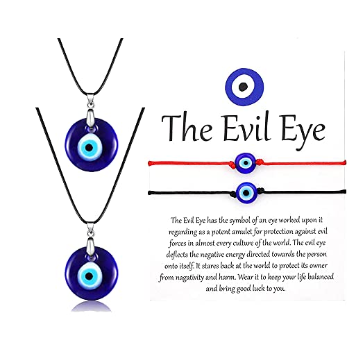 RUIZHEN 2 Pcs Evil Eye Necklace with 2 Pcs Evil Eye Bracelet Set Turkish Blue Eye Necklace Glass Eye Leather Rope Necklace for Women Men, Glass, No Gemstone
