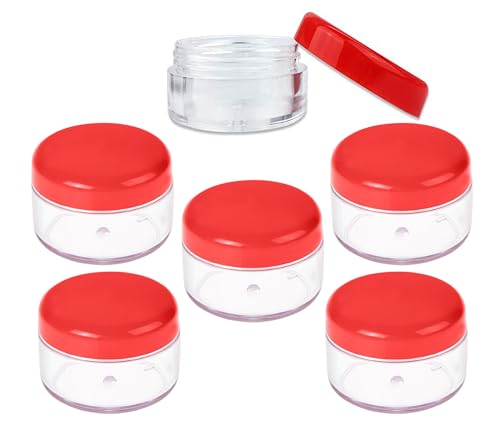 AFSUK 6 x 150ml Round clear Plastic Storage Jar with screw top lids, airtight BPA free food containers for kitchen, Hardware Storage, canisters, / Red Lid