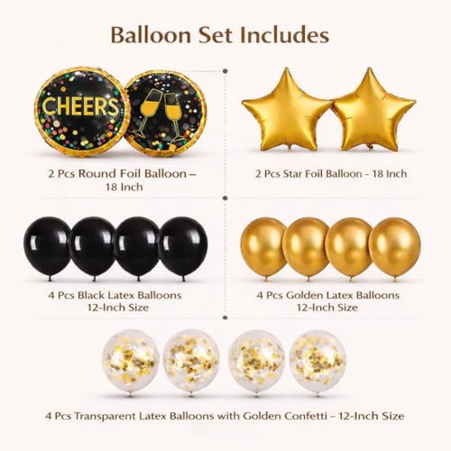 Image of Wanna Party Cheers Party Balloon Decoration Set Pack of 16 | Black & Gold Foil Balloons with 12 Inch Latex Balloons for Birthday, Anniversary, New Year Decor