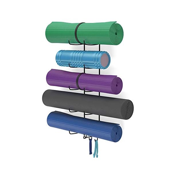Wallniture Guru Foam Roller & Yoga Mat Holder Wall Mount with 3 Hooks for Hanging Yoga Strap, Resistance Bands, 5-Sectional Metal (Black)
