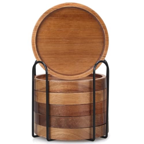 Image of Wooden Trivet for Dining Table - Bamboo Heat Resistant Pad with Anti-Slip Grip Mats, Round Hot Pot Holder and Pan Stand for Kitchen Countertop Protection (Wood Coaster 6 pcs, Pack of 6)