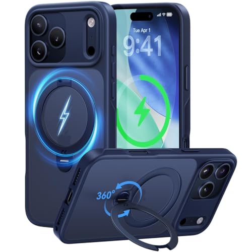 【2025最高傑作&定点360度回転】CASEKOO iPhone 17 Pro 用 ケース MagSafe対応 米軍MIL規格 360°全方向耐衝撃 高耐久性【横縦両立・角度自由調整】最大25W急速充電対応 指紋防止/マット仕上げ/黄変防止/半透明 ラップホール付き ワイヤレス充電対応 いphone17pro 用ケース 6.3インチ「MagicStand Pro」(ブルー)