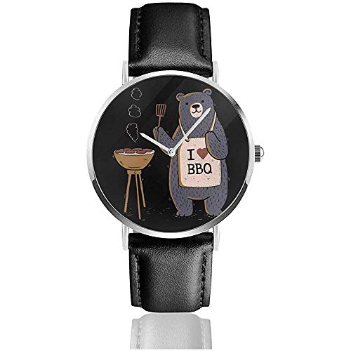 Unisex Business Casual Bear Grill Ich Liebe BBQ Uhren Quarz Leder Uhr