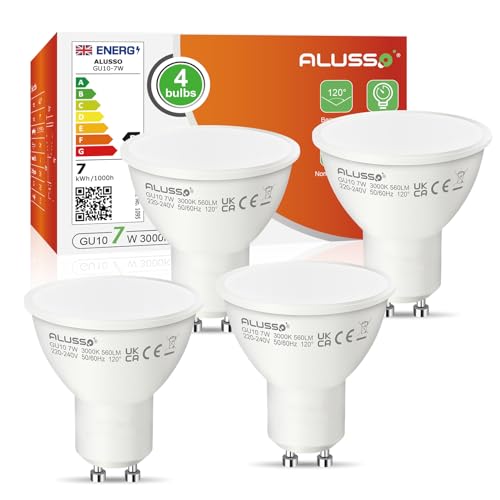 ALUSSO 7W GU10 LED Light Bulbs, 560lm Warm White 3000K, Non-dimmable, 120° Beam Angle, LED Spotlight Bulbs Suitable for Living Room, Bedroom, Kitchen, Pack of 4