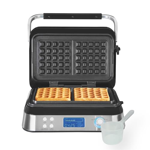 Hamilton Beach Smart Waffle Maker Pro Non-Stick Plates 7 Browning Levels 5 Programmes Even Heat Distribution LCD Digital Display Overflow Protection - HB5403T Silver