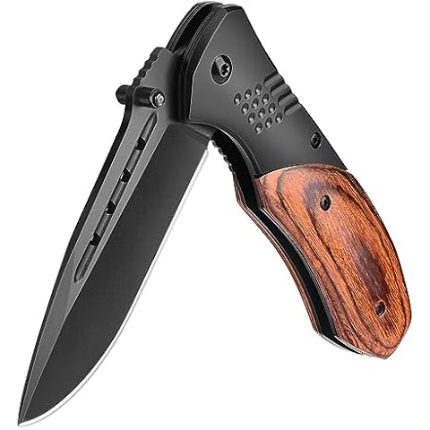 KEXMO Pocket Knife for Men - 3.46" Sharp Blade Wood Handle Pocket Folding Knives with Clip, Glass Breaker - EDC Knives for Hunting Camping Survival Outdoor Fishing Hiking Women Men, Black Cover
