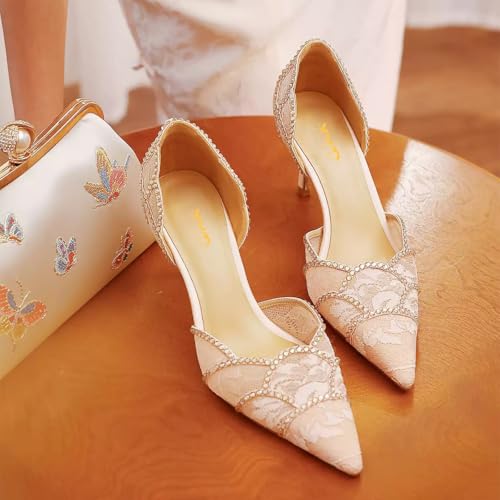 XYD Women Crystal Studs Wedding Pumps Closed Pointed Toe Petal Curve Slip On Mid Heel D'Orsay Elegant Bridal Shoes4