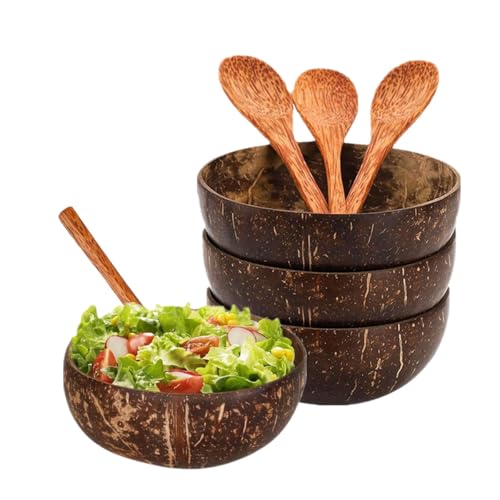 Kastetards Polished Coconut Shell Bowls Set,4 Coconut Bowls and 4 Wooden Spoons,Hand Made Coconut Bowl Set,Reusable,Suitable for Smoothies,Yogurt Salads,Vegetarian Dishes,etc