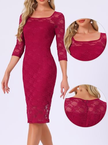 Image of Allegra K Lace Dress for Women's Elegant 3 /4 Sleeve Square Neck Bodycon Cocktail Dresses