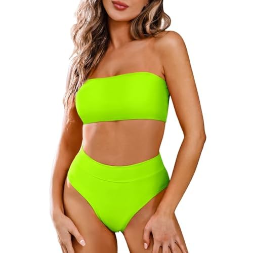 Pink Queen Women's Removable Strap Wrap Pad Cheeky High Waist Bikini Set Swimsuit X-Large 01 - Neon Green