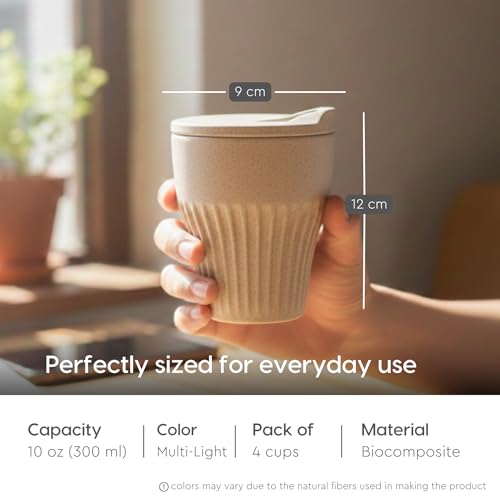 Image of Eha Earth Friendly Rafter Coffee Mug with Lid | Tea Cup Set | 300 ml | Made with Rice Husk | Microwave Safe Mugs for Gifting | 4 Unit | Multi Light