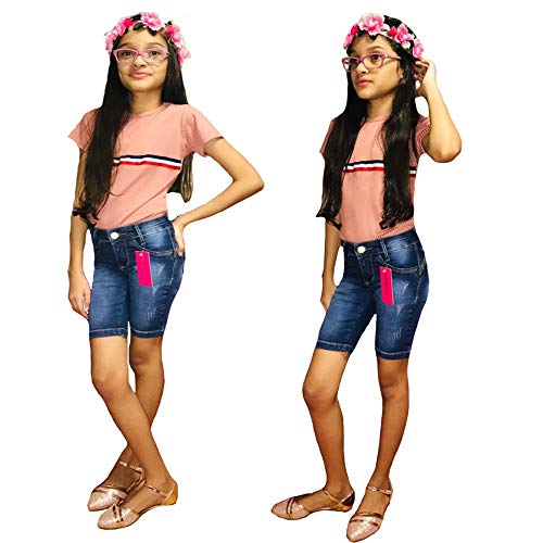 Bermuda Jeans Com Licra Infanto Juvenil Feminina  (Azul Estourado, 12 Anos)