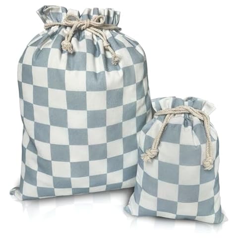 Gather & Knot Drawstring Gift Bags | 20" Large 12" Small | Premium Canvas | Reusable Fabric Wrap for All Occasions, Birthdays, Baby Shower | Checkers Blue Cover
