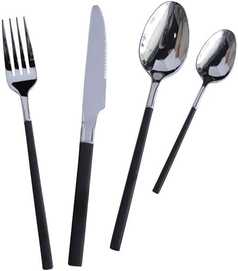 Luxury 304 Stainless Steel Cutlery Set - Heavy Duty Silverware with Wheat Ears Relief Carving - 4-Piece Knife Fork Spoon Set for Weddings, Parties, and Restaurants (Black)