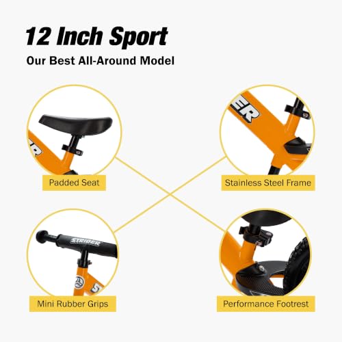 Image of Strider 12 Sport Bike, Orange - No Pedal Balance Bicycle for Kids 1 to 4 Years - Includes Safety Pad, Padded Seat, Mini Grips, Flat-Free Tires -Easy Assembly, Tool-Free Adjustments
