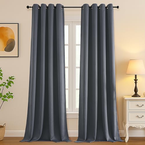 Image of Simplebrand Grey Room Darkening Curtains for Bedroom Living Room 108 Inches Long 2 Panels Set, Thermal Insulated Curtains & Drapes, Solid Grommet Noise Reducing Window Treatment, W50 x L108 Inch
