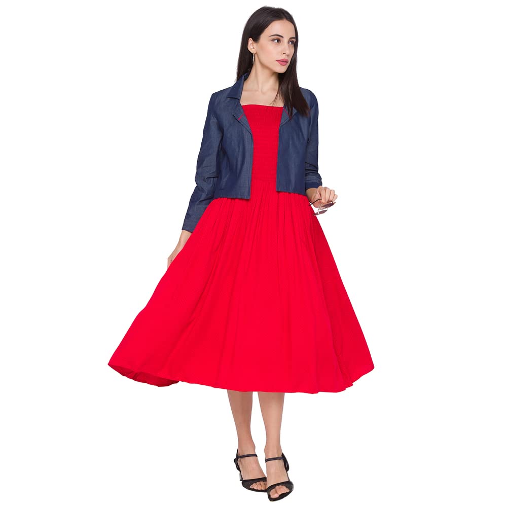 Red Cotton U Neck 3/4th Sleeves Polka Dot Casual Wear Dress for Women(307124Red)