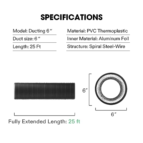 Vivosun 6 Inch 25 Feet Black Non-Insulated Flex Air Aluminum Ducting Dryer Vent Hose For Hvac Ventilation W/Two 6 Inch Stainless Steel Clamps #TOP6