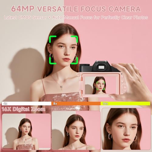Image of 6K Digital Camera for Photography Autofocus, 64MP WiFi Vlogging Camera for YouTube with 3 inch 180 Flip Screen 16X Zoom, 64GB SD Card & 2 Batteries Pink Compact Travel Camera for Beginners Teens