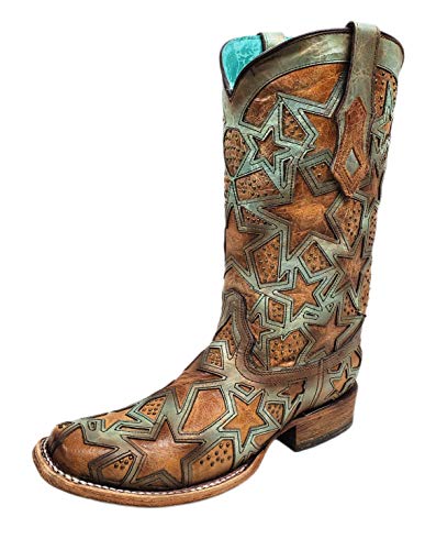 Corral Women's Turquoise/Brown Stars Inlay Square Toe Boots (10.5 B(M) US)
