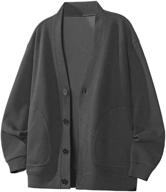 Mens V Neck Fleece Lined Button Front Cardigan Sweater Waffle Knit Thick Warm Lazy Style Winter Outerwear