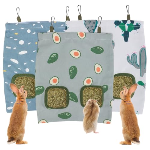 3 Pack Hay Bag for Rabbits, 2-Hole Hanging Rabbit Hay Feeder, Guinea Pig Hays Bag for Small Pets Rabbits, Chinchillas, Hamsters