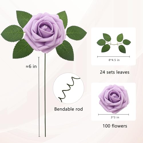 JOYLEX Artificial Flowers Realistic Roses, 100pcs Real Looking Fake Roses with Stem for DIY Wedding Bouquets Centerpieces Bridal Shower Party Home Romantic Decorations (Light Purple) by JOYLEX - Used condition - Image 2