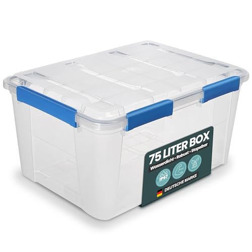 Kreher® Aufbewahrungsbox 75 Liter mit Deckel – wasserdicht & staubdicht, transparent & stapelbar, BPA- & schadstofffrei, robuste Kunststoffbox mit...