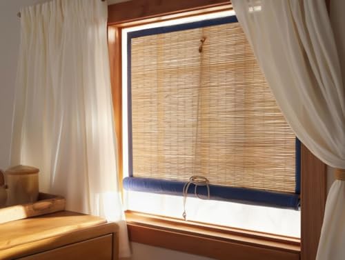 Image of BambooAura Natural Bamboo Roll-Up Window Shade Blind | Light Filtering Bamboo Chick Curtain | Eco-Friendly Sun Protection (4ft x 7ft - W x H) (Natural Beige with Dark Green Border, (4ft x5ft -W x H))