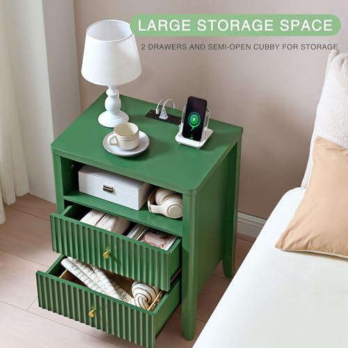 Image of Fluted Nightstand with Charging Station Set of 2, 21 inch Wide Modern Bedside Table with 2 Drawers & Open Shelf, Wood End Table with Storage & Metal Handle for Bedroom, Small Spaces, Green