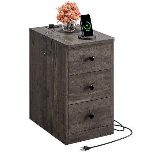 Image of LIKIMIO Nightstand with Charging Station, Narrow Bedside Table with 3 Drawers, End Table with USB Ports and Outlets, Side Table for Living Room /Bedroom Modern, Charcoal Grey