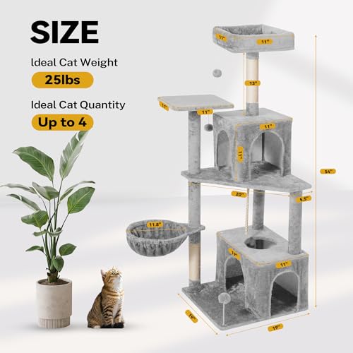 Image of 54inch Large Cat Tree Tower Condo with Hammock for Indoor Cats, Soft Plush Multi-Level Climbing Tree Cat House with Cat Cave, Scratching Post, Sisal Rope, Light Grey