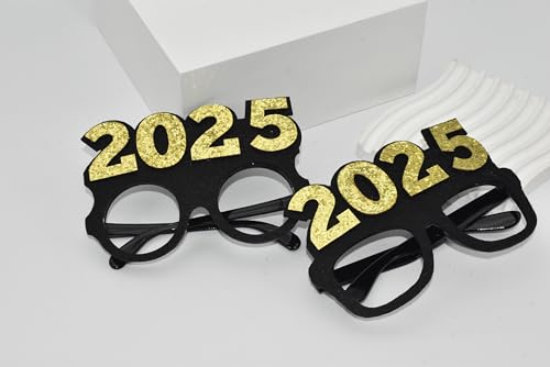 SWYOUN 2PCS 2025 Gold Glitter Eyeglasses Happy New Year's Eve Glasses Graduation 2025 Party Photo Props